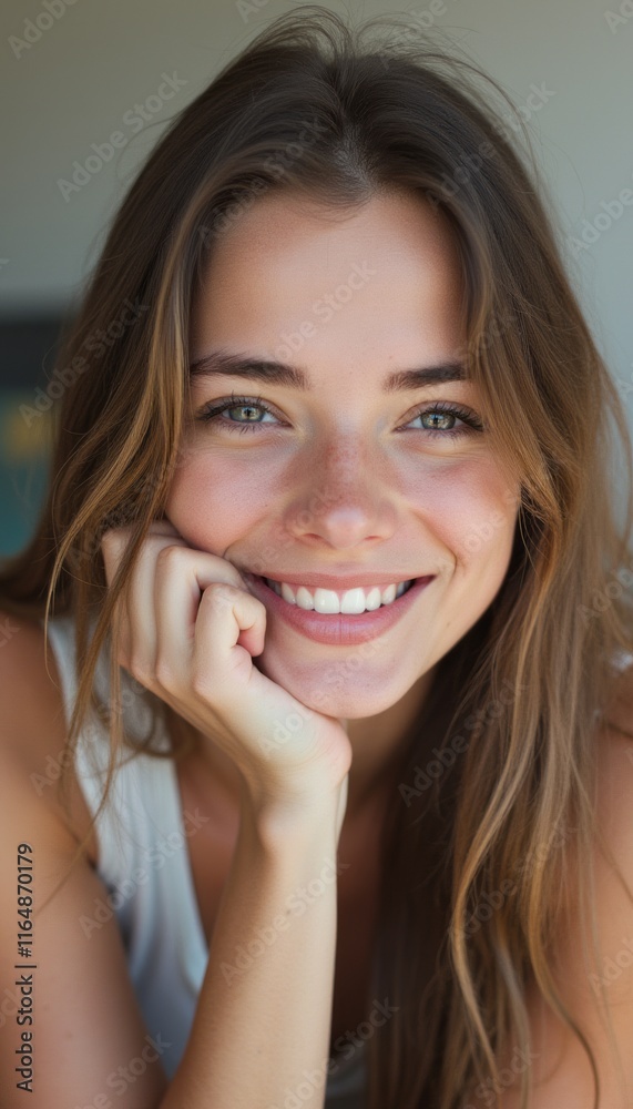 A cheerful young woman with long, flowing hair rests her chin on her hand, exuding warmth and joy. Her bright eyes and genuine smile create an inviting atmosphere, perfect for conveying happiness and A cheerful young woman with long, flowing hair rests her chin on her hand, exuding warmth and joy. Her bright eyes and genuine smile create an inviting atmosphere, perfect for conveying happiness and