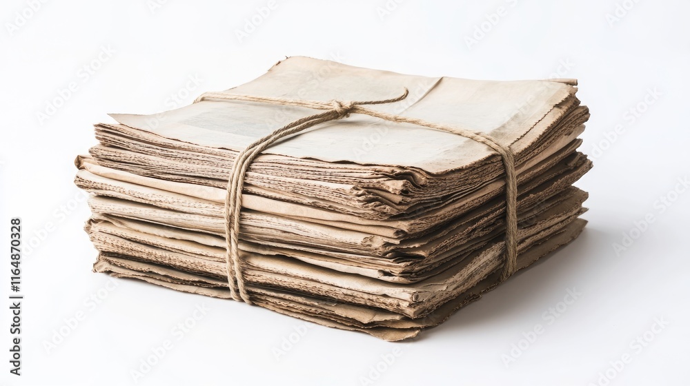 A stack of old, aged newspapers tied with a thin rope, with visible creases and faded print, resting on a clean white background for a vintage effect A stack of old, aged newspapers tied with a thin rope, with visible creases and faded print, resting on a clean white background for a vintage effect