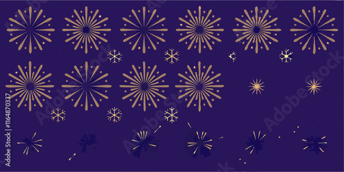 Fireworks pattern, golden bursts, deep purple background