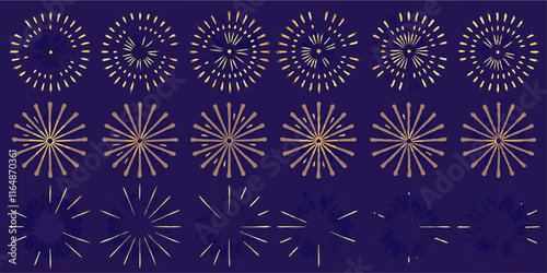 Fireworks pattern, golden bursts, deep purple background