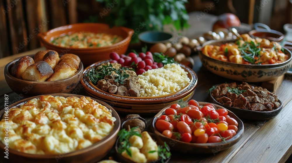 Family gathers around festive table for a traditional Easter celebration with a variety of meals and treats Family gathers around festive table for a traditional Easter celebration with a variety of meals and treats