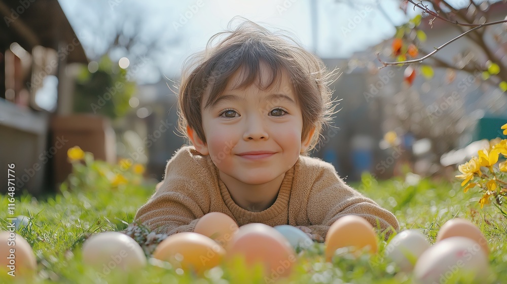 Child enjoying a garden egg hunt during a festive family gathering on a sunny day in spring Child enjoying a garden egg hunt during a festive family gathering on a sunny day in spring