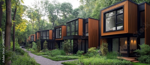 Modern wood and glass homes in a lush green forest setting.