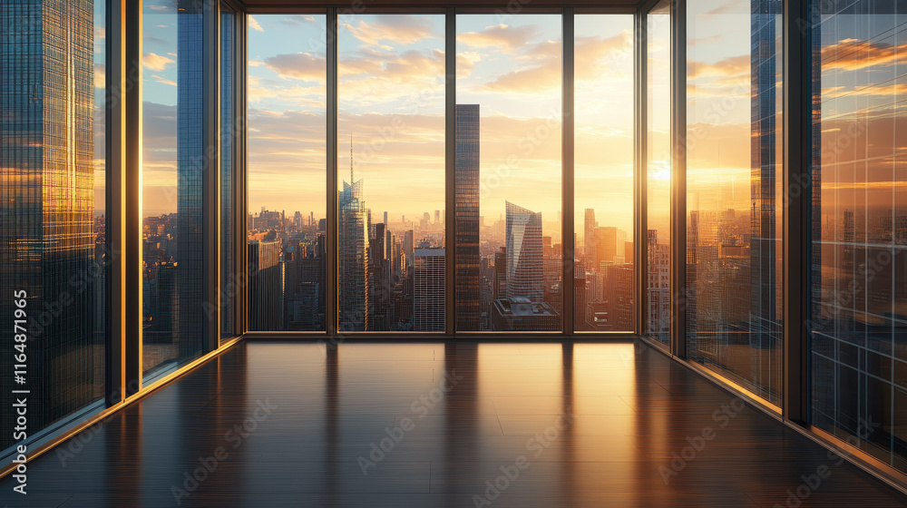 High-rise office interior with floor-to-ceiling windows overlooking the city skyline at sunset High-rise office interior with floor-to-ceiling windows overlooking the city skyline at sunset