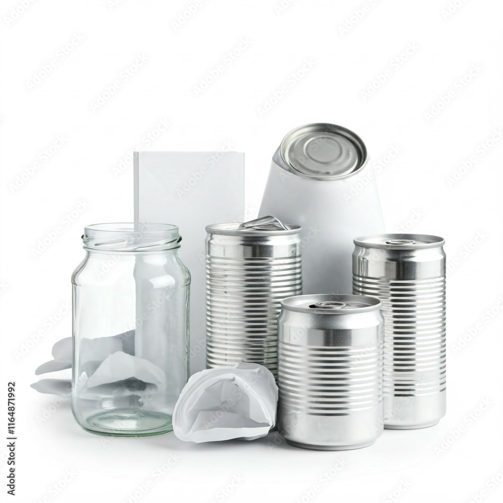 aluminum and glass recycling bin with paper and cardboard on white background aluminum and glass recycling bin with paper and cardboard on white background