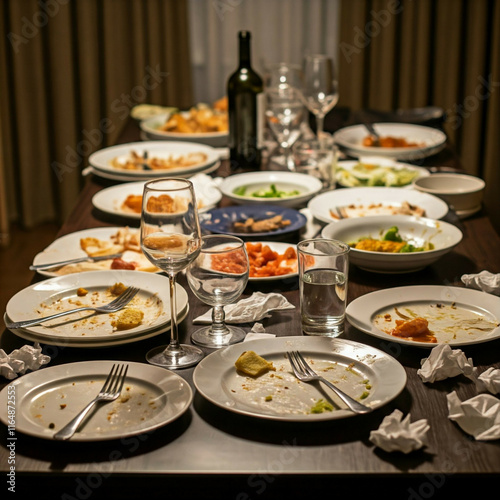 empty plates and wine glasses on a wooden table after a delicious meal