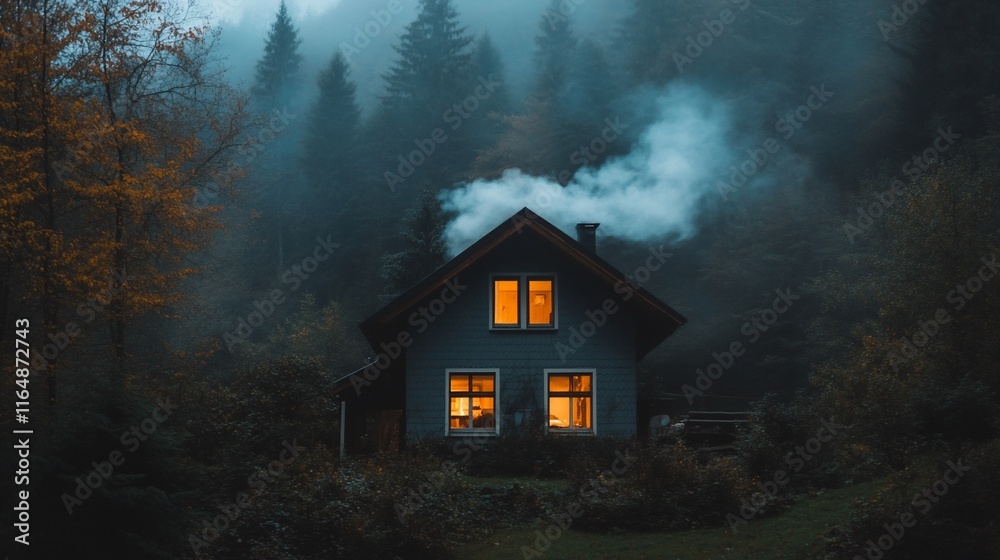 Cozy cabin glowing warmly in a misty forest at night. Cozy cabin glowing warmly in a misty forest at night.