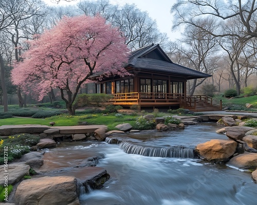 Serene Japanese tea house nestled in a blooming garden by a gentle stream. photo