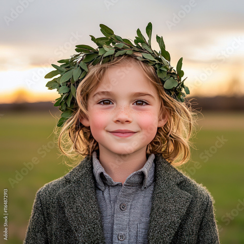 joyful child wearing leafy crown, smiling in natural setting photo