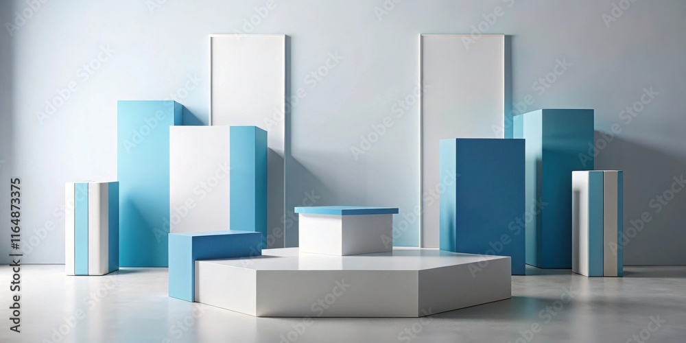 Modern Minimalist Product Display with Blue and White Geometric Platforms Modern Minimalist Product Display with Blue and White Geometric Platforms