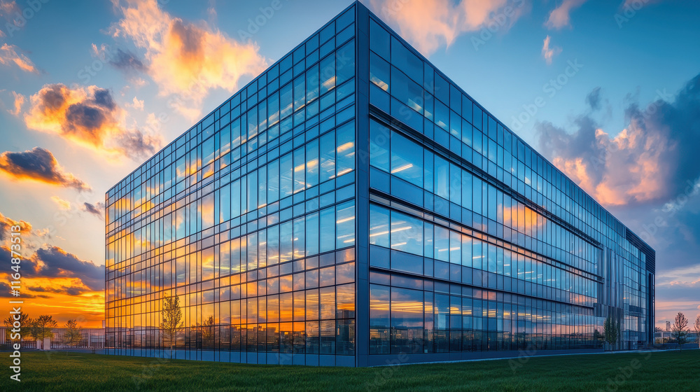 Modern office building exterior with a glass facade at sunset, featuring industrial architecture Modern office building exterior with a glass facade at sunset, featuring industrial architecture