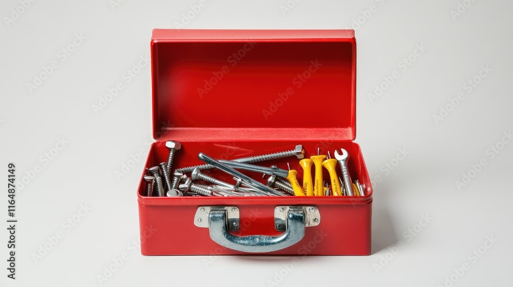 An open red toolbox with screws, nails, and basic tools inside, centered on a white background, showcasing the contents in a practical, clean layout An open red toolbox with screws, nails, and basic tools inside, centered on a white background, showcasing the contents in a practical, clean layout