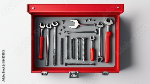 An open red toolbox with screws, nails, and basic tools inside, centered on a white background, showcasing the contents in a practical, clean layout