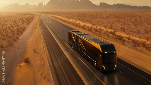 Futuristic Sleeper Bus Driving Through Desert at Sunset on an Endless Highway