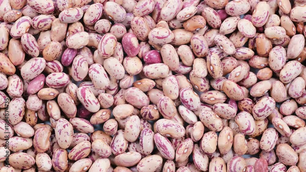 Top down view. Heap of dried uncooked speckled pinto kidney beans (barbunya), slider shot. Cooking, legumes, healthy eating, food preparation concepts. 4k