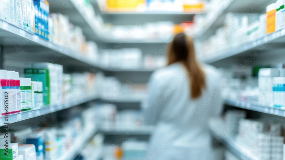 Pharmacist focuses on examining various medications in a pharmacy, ensuring accuracy and patient safety in medication management
