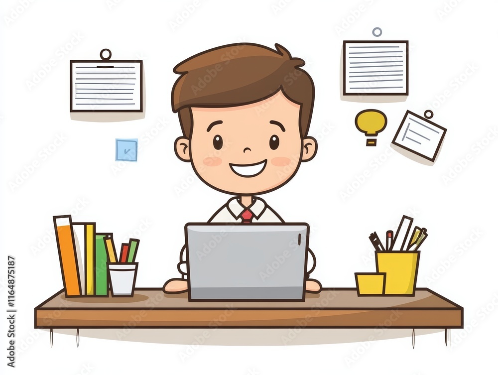 Cartoon Character Working at Desk with Laptop in Minimal Style Cartoon Character Working at Desk with Laptop in Minimal Style