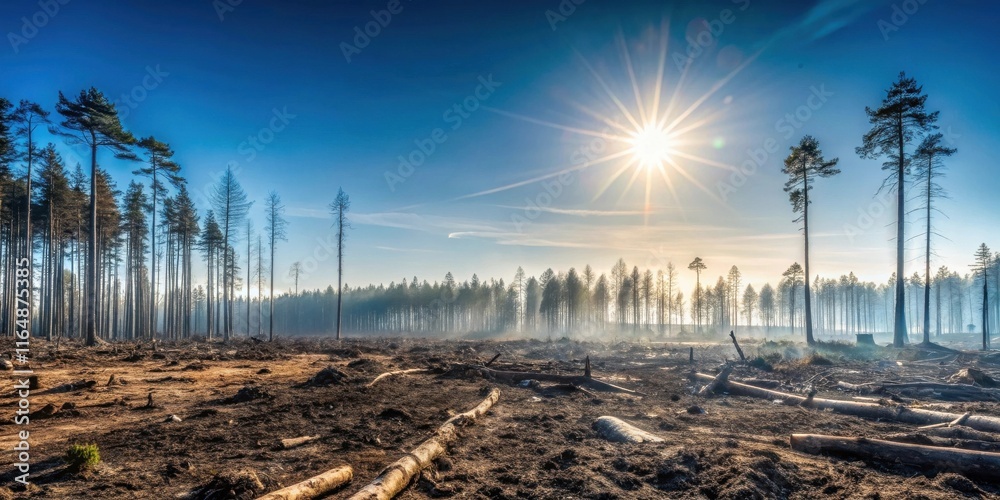 Sunlit Aftermath of Forest Clearing  Silhouetted Trees Stand Against a Vibrant Sky Over a Newly Cleared Forest Floor