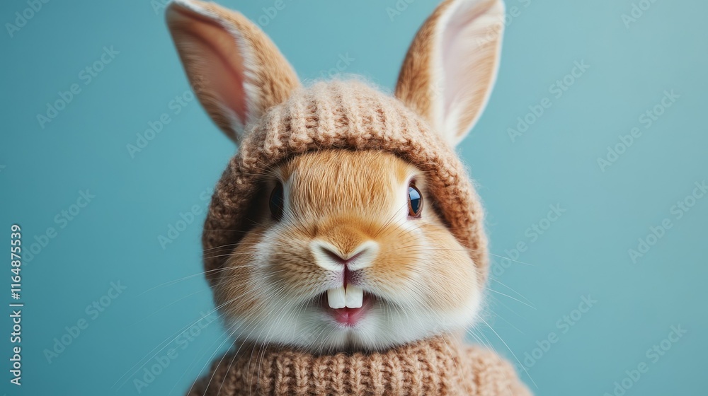 Fototapeta premium The rabbit wearing a hat showing two teeth is very cute
