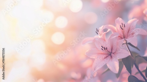 Delicate pink lilies are illuminated by soft light, enhancing their beauty in a tranquil garden setting during late afternoon