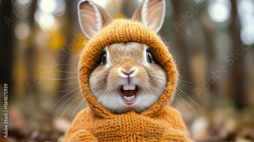 The rabbit wearing a hat showing two teeth is very cute