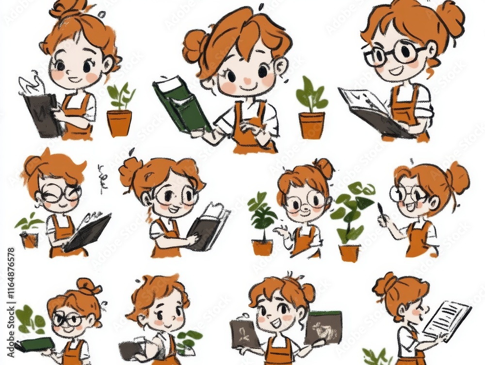 Cartoon Character Working with Plants and Books in Minimal Style Cartoon Character Working with Plants and Books in Minimal Style