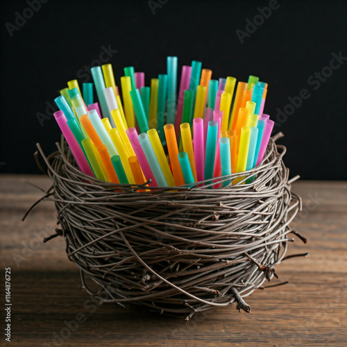 colorful plastic straws in a bird nest on a wooden tabletop