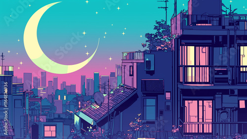 美しい都市と夜景のイラスト,アニメ,アジア,グラフィックアート