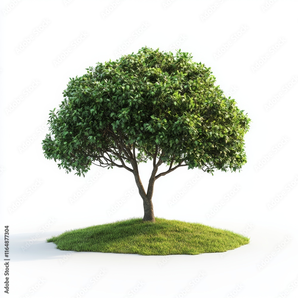 One 3D Tree with Green Leaves on White Background One 3D Tree with Green Leaves on White Background
