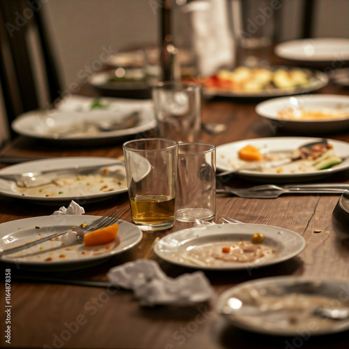 Wallpaper Mural empty plates glasses and napkins on wooden table in restaurant after meal Torontodigital.ca