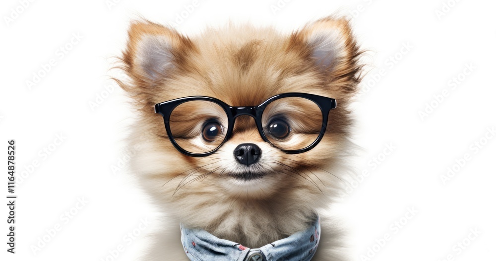 Obraz premium A cute Pomeranian dog wearing glasses and a shirt, exuding a playful and intelligent vibe.