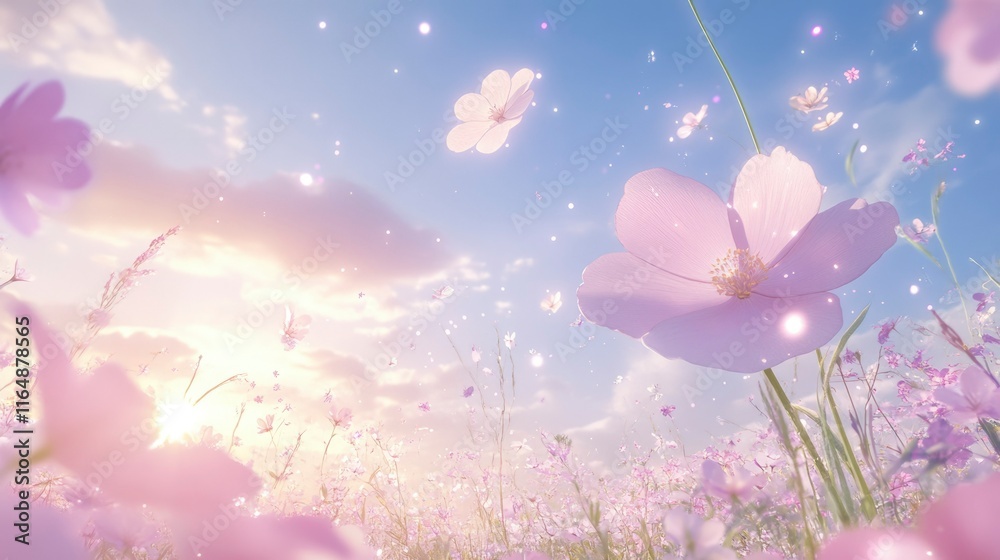 Obraz premium Pastel Pink Cosmos Flowers Bloom Under a Sunny Sky