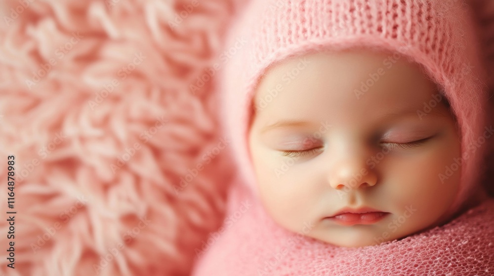 Newborn baby peacefully sleeps in a snug pink hat, surrounded by a soft, cozy blanket, exuding tranquility and innocence Newborn baby peacefully sleeps in a snug pink hat, surrounded by a soft, cozy blanket, exuding tranquility and innocence