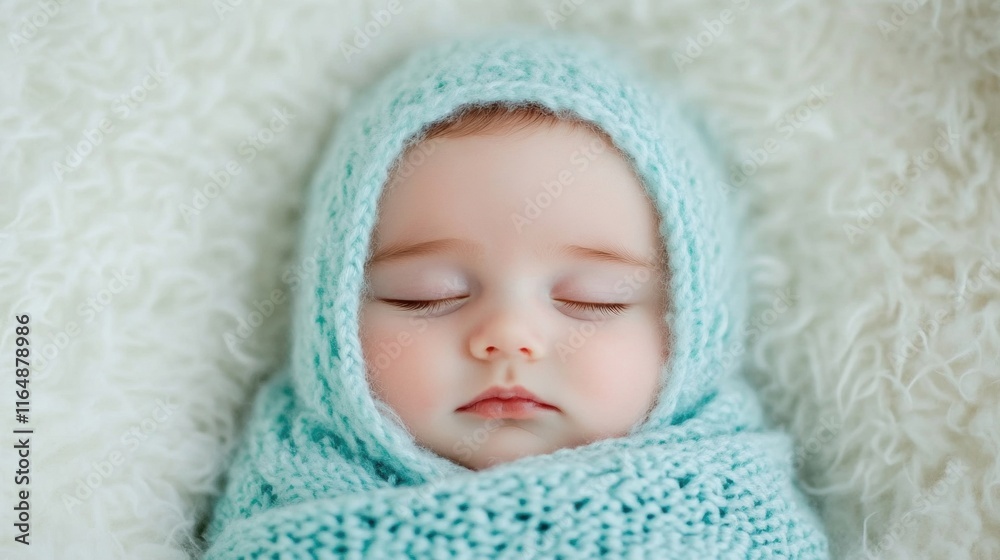 Newborn sleeps soundly while wrapped in a soft, textured knit blanket, surrounded by a warm and inviting atmosphere Newborn sleeps soundly while wrapped in a soft, textured knit blanket, surrounded by a warm and inviting atmosphere