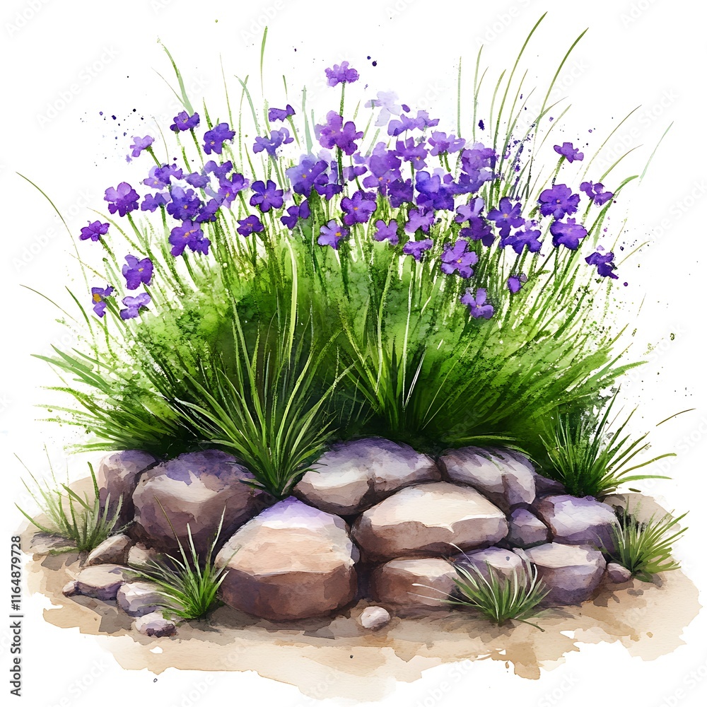 Fototapeta premium Watercolor Painting of Purple Flowers Growing on Rocks.