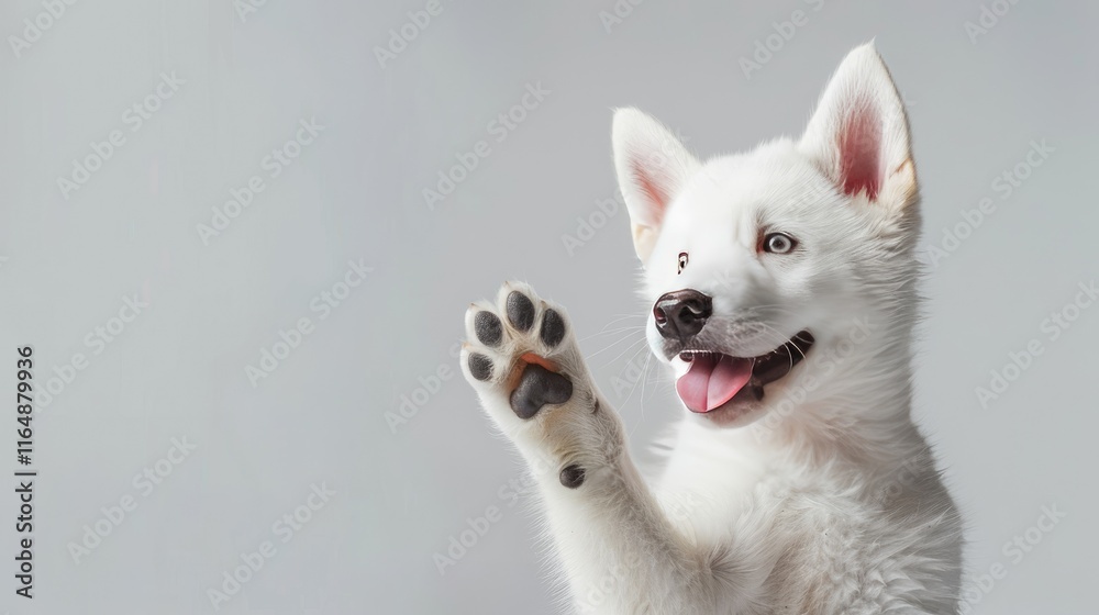 A playful white puppy with a raised paw, looking cheerful against a light background. A playful white puppy with a raised paw, looking cheerful against a light background.