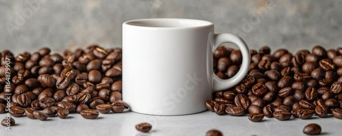 Minimal coffee concept. Empty white coffee mug surrounded by roasted coffee beans on a rustic surface. photo