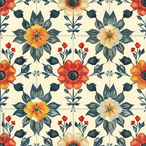 Wallpaper Mural A floral pattern featuring vibrant flowers and leaves on a light background. Torontodigital.ca