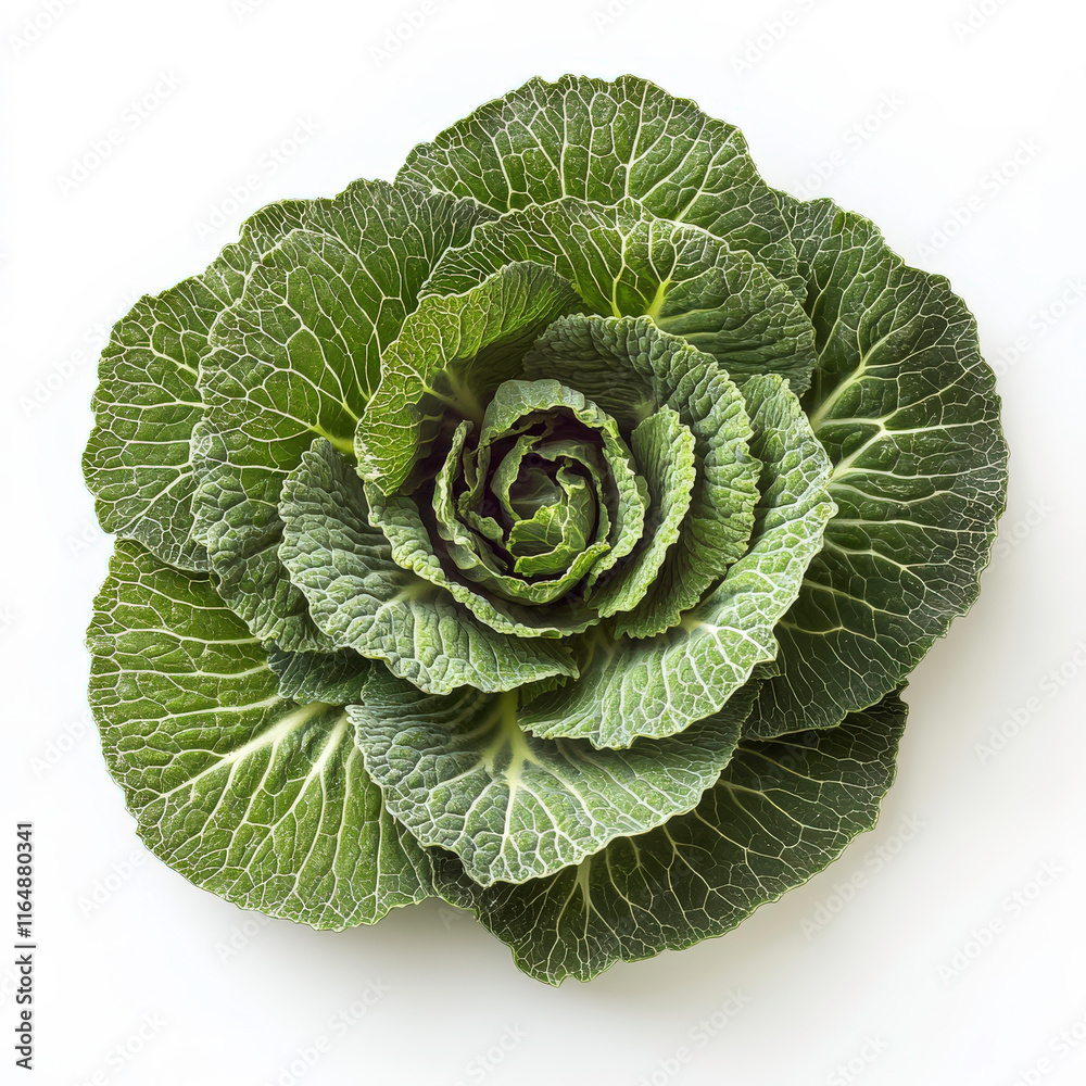 Obraz premium Fresh and Vibrant Green Cabbage with Curled Leaves Displayed on a White Background for Culinary and Nutritional Themes