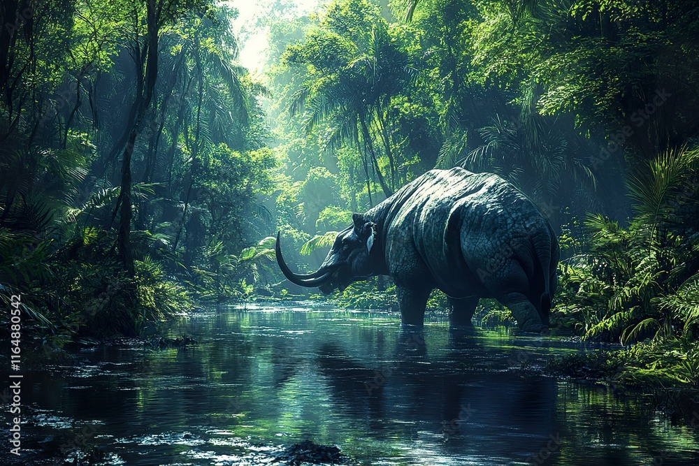 Fototapeta premium Prehistoric Rhino Wading Through Lush Jungle River