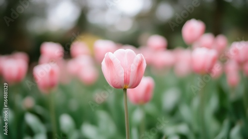 Celebration of the spring equinox showcases beautiful pink tulips in full bloom against a lush garden backdrop