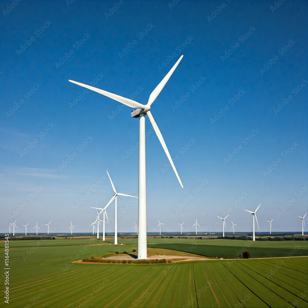 aerial view of wind turbines on a green field under a blue sky aerial view of wind turbines on a green field under a blue sky
