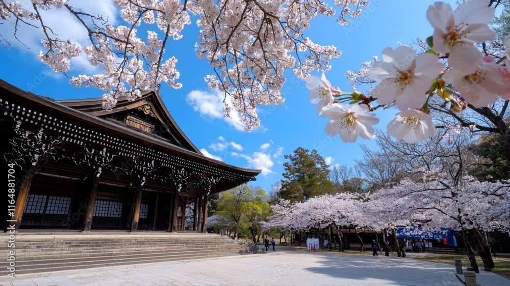 Traditional temple surrounded by blooming cherry blossoms under a clear blue sky during springtime, capturing the essence of cultural tranquility. Traditional temple surrounded by blooming cherry blossoms under a clear blue sky during springtime, capturing the essence of cultural tranquility.