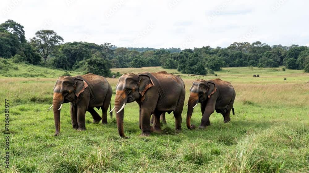 A group of elephants walking through a lush green landscape, showcasing natural habitat and social behavior of these majestic creatures. A group of elephants walking through a lush green landscape, showcasing natural habitat and social behavior of these majestic creatures.