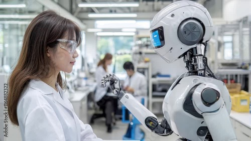 A scientist in a lab coat interacts with a humanoid robot, showcasing advanced technology and artificial intelligence in a modern laboratory setting.