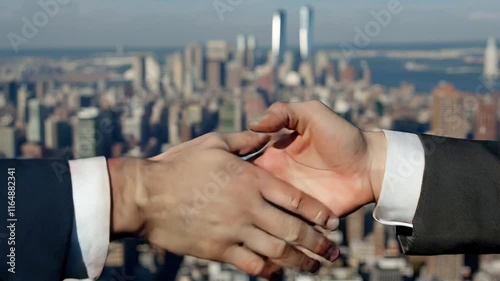 A close-up of two business professionals shaking hands against a city skyline, symbolizing partnership, agreement, and professional connection.