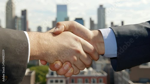 Close-up of two hands shaking against an urban cityscape backdrop, symbolizing partnership, collaboration, and successful business agreements.