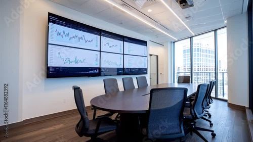 Modern conference room with large screens displaying graphs and data, highlighting a professional workplace setting in a corporate office environment.