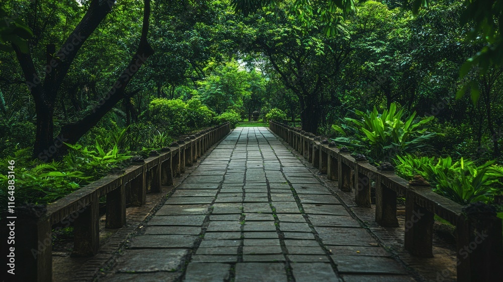 Stone Pathway Through Lush Green Forest Canopy