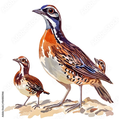 Watercolor Painting of an Adult Rufous-tailed Scrub Robin and its Two Chicks. photo